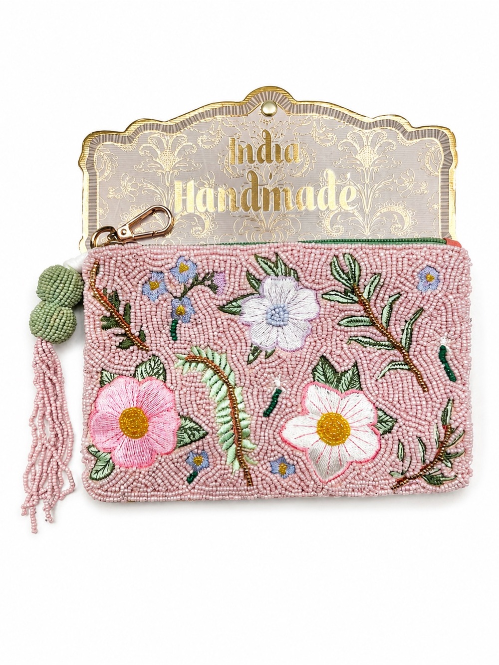 Coquette Pink Floral Beaded Coin Purse | Handmade Keychain Pouch